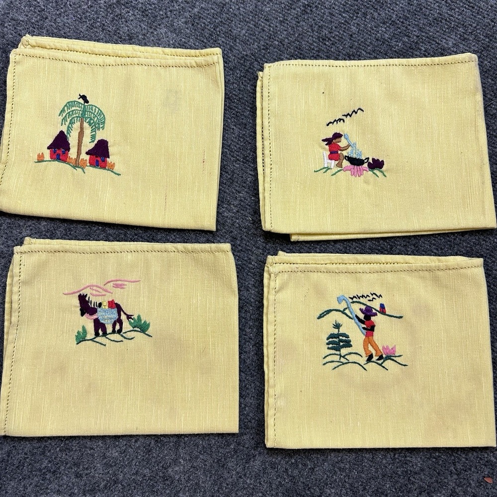 Vintage Embroided Placemats Set 4 Yellow Man Gardening Lady Cooking Donkey Huts